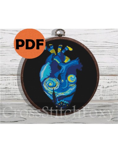 Anatomy heart Starry Night Van Gogh cross stitch pattern s'inspire de l'anatomie humaine