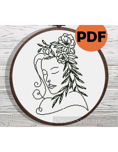 Line Art Female Floral Portrait cross stitch pattern s'inspire de l'anatomie humaine