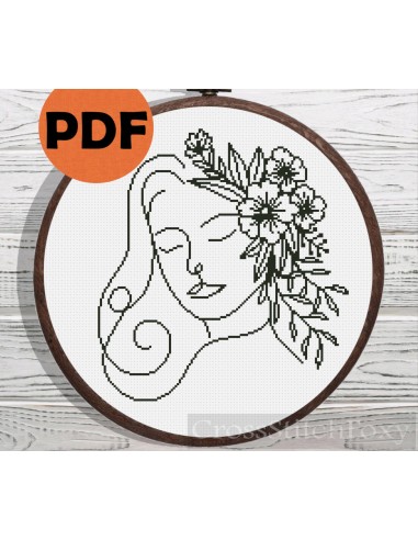 Line Art Female Floral Portrait cross stitch pattern À commander