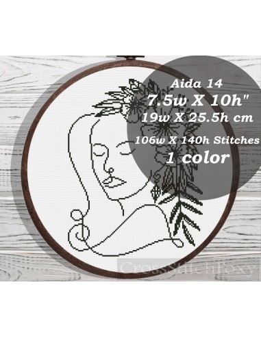 Line Art Female Floral Portrait cross stitch pattern destockage