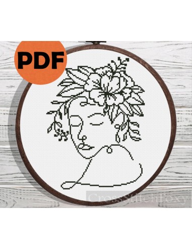 Line Art Female Floral Portrait cross stitch pattern plus qu'un jeu 