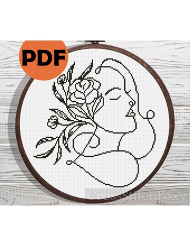 Line Art Girl Floral Portrait cross stitch pattern Economisez 