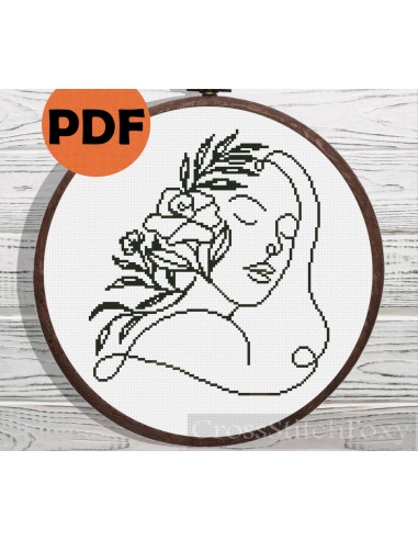 Line Art Girl Floral Portrait cross stitch pattern Pour