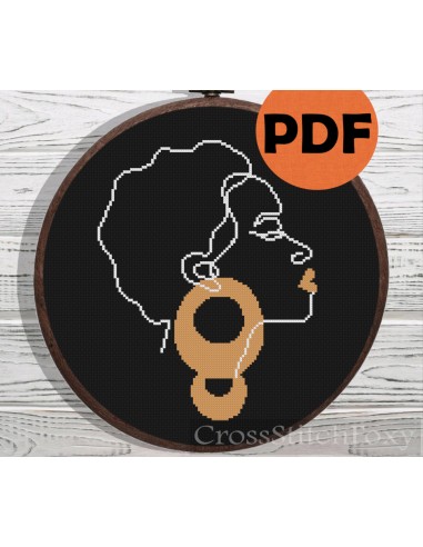 Line Art Black Girl Portrait cross stitch pattern hantent personnes