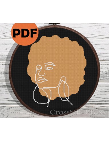 Line Art Black Girl Portrait cross stitch pattern hantent personnes