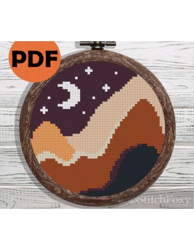 Boho moon night landscape mini cross stitch pattern plus qu'un jeu 