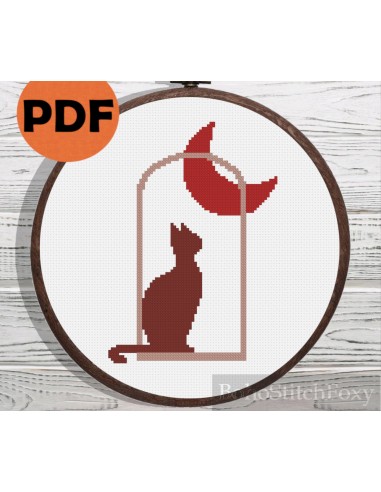 Boho Cat Moon cross stitch pattern À commander