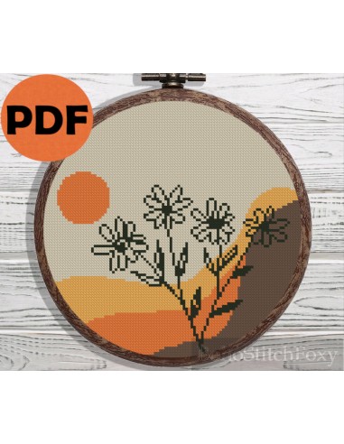 Sunset desert landscape with flowers cross stitch pattern pas chere