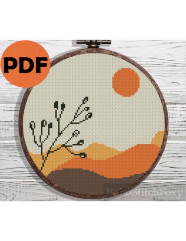 Sunset desert landscape with flowers cross stitch pattern commande en ligne