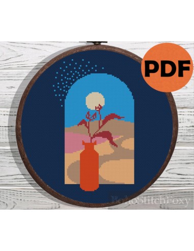 Boho flower moon landscape cross stitch pattern le concept de la Pate a emporter 