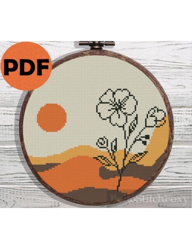 Sunset desert landscape with flowers cross stitch pattern plus qu'un jeu 