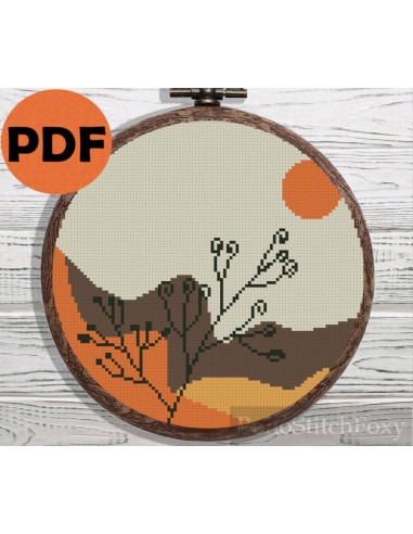 Sunset desert landscape with flowers cross stitch pattern en linge