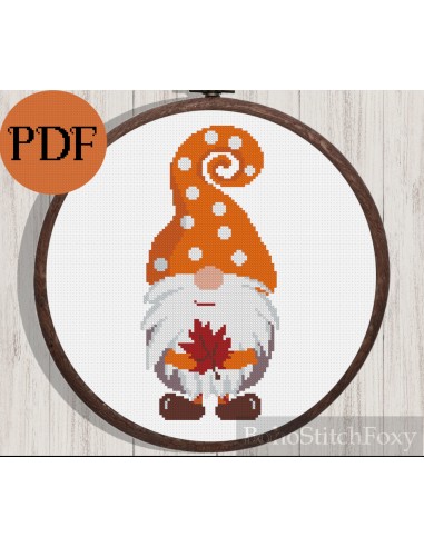 Fall gnome with leaf cross stitch pattern pas cheres