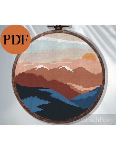 Montain sunset landscape cross stitch pattern hantent personnes